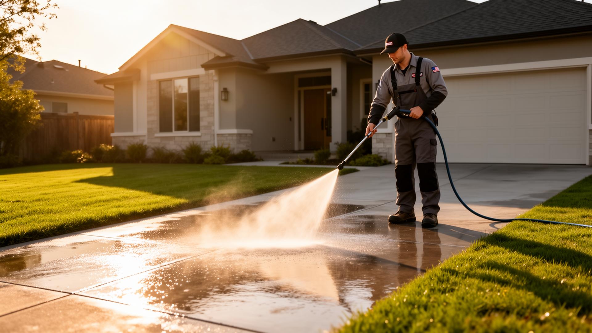 Pressure washing a driveway in front of a home